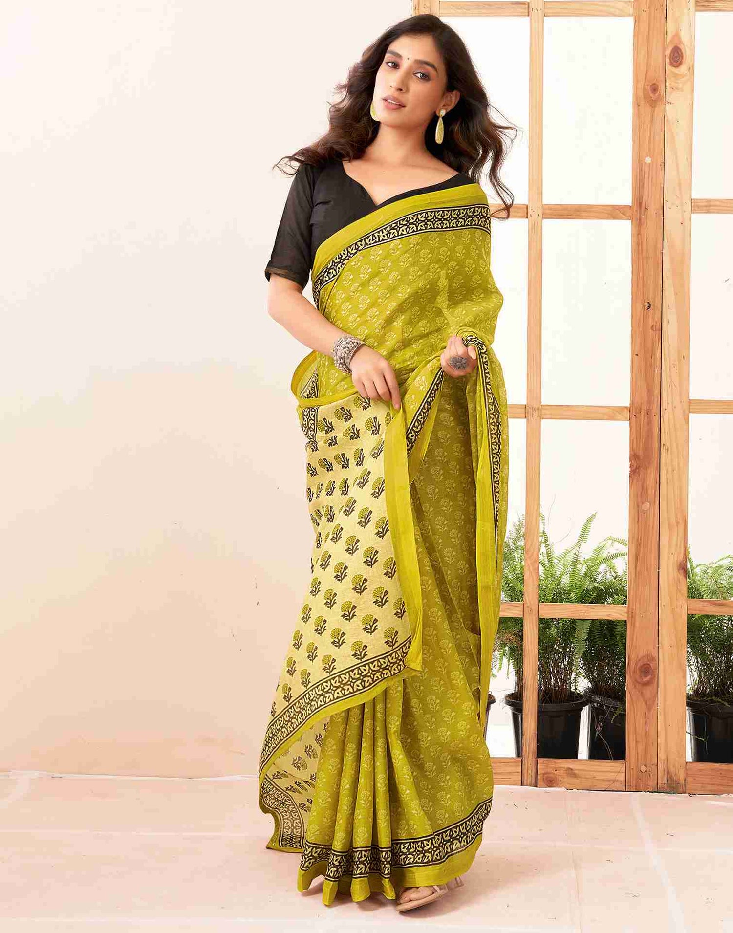 Lime Green Cotton Printed Saree