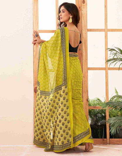 Lime Green Cotton Printed Saree