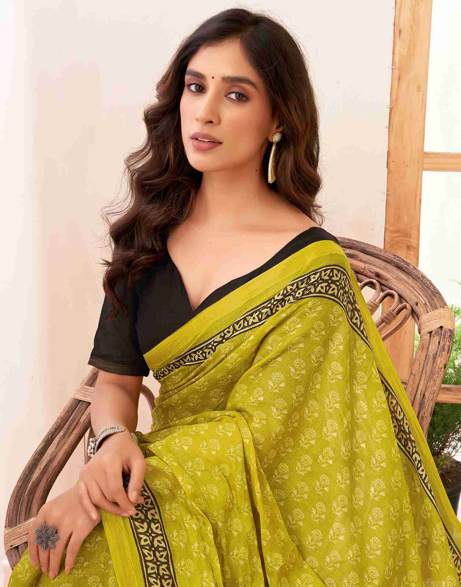 Lime Green Cotton Printed Saree