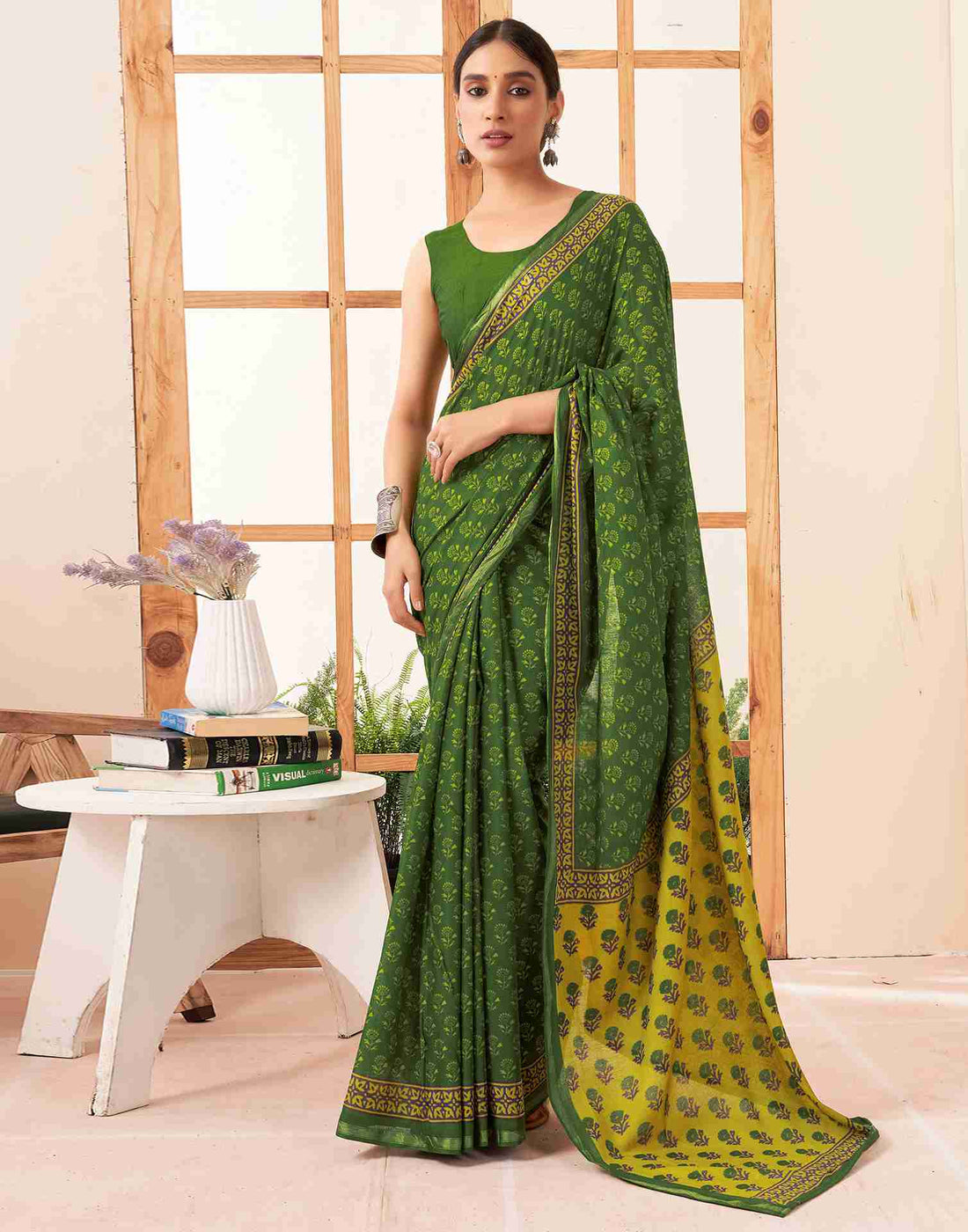 Green Cotton Printed Saree