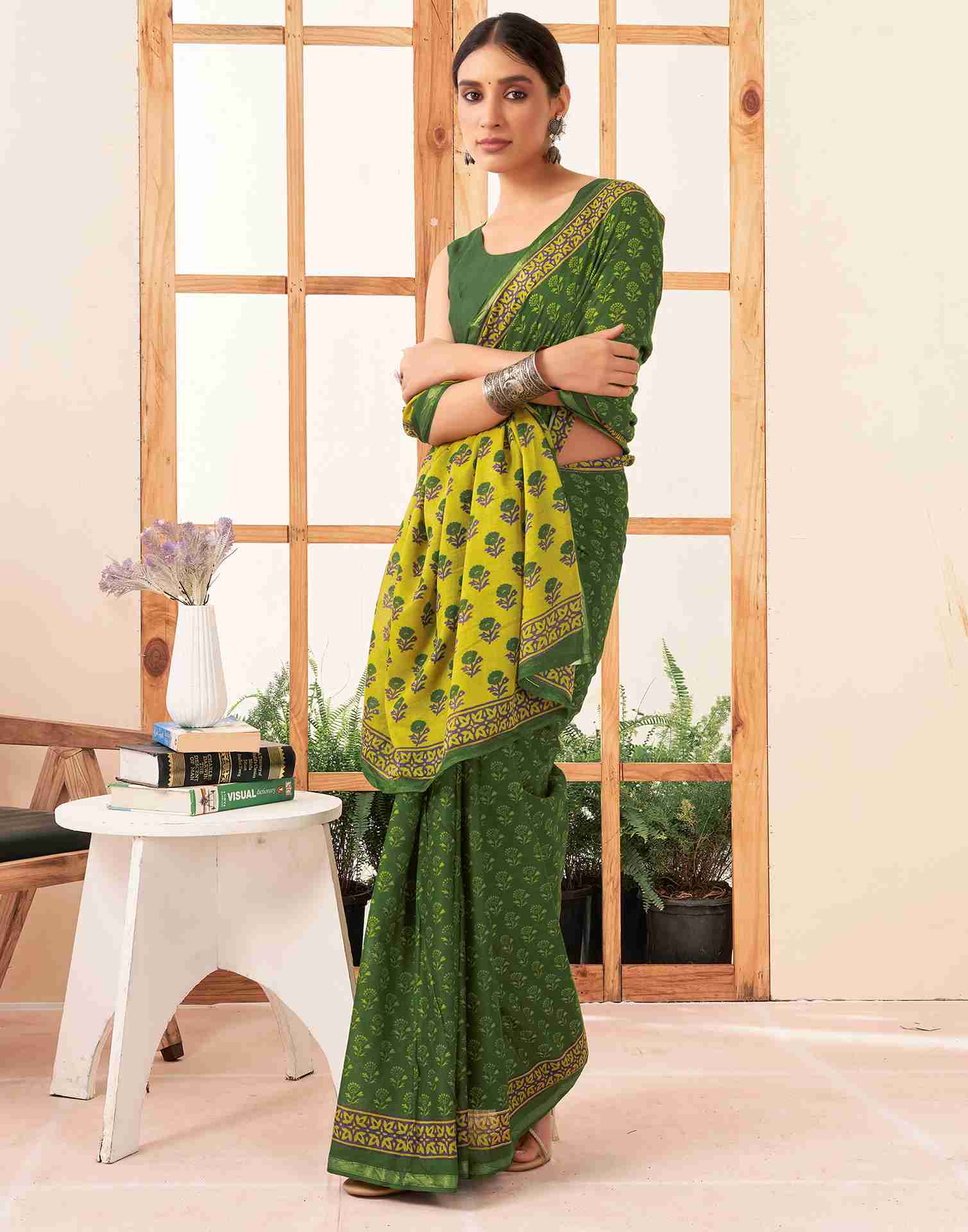 Green Cotton Printed Saree