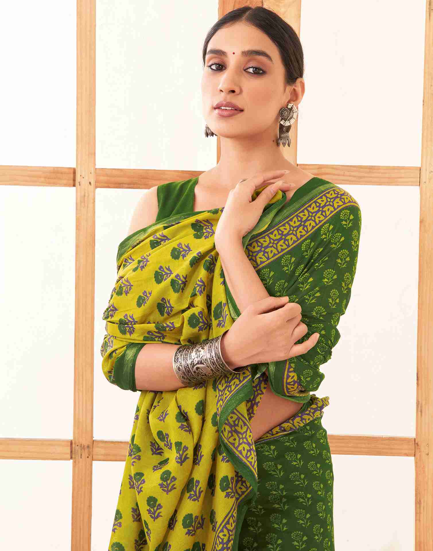 Green Cotton Printed Saree