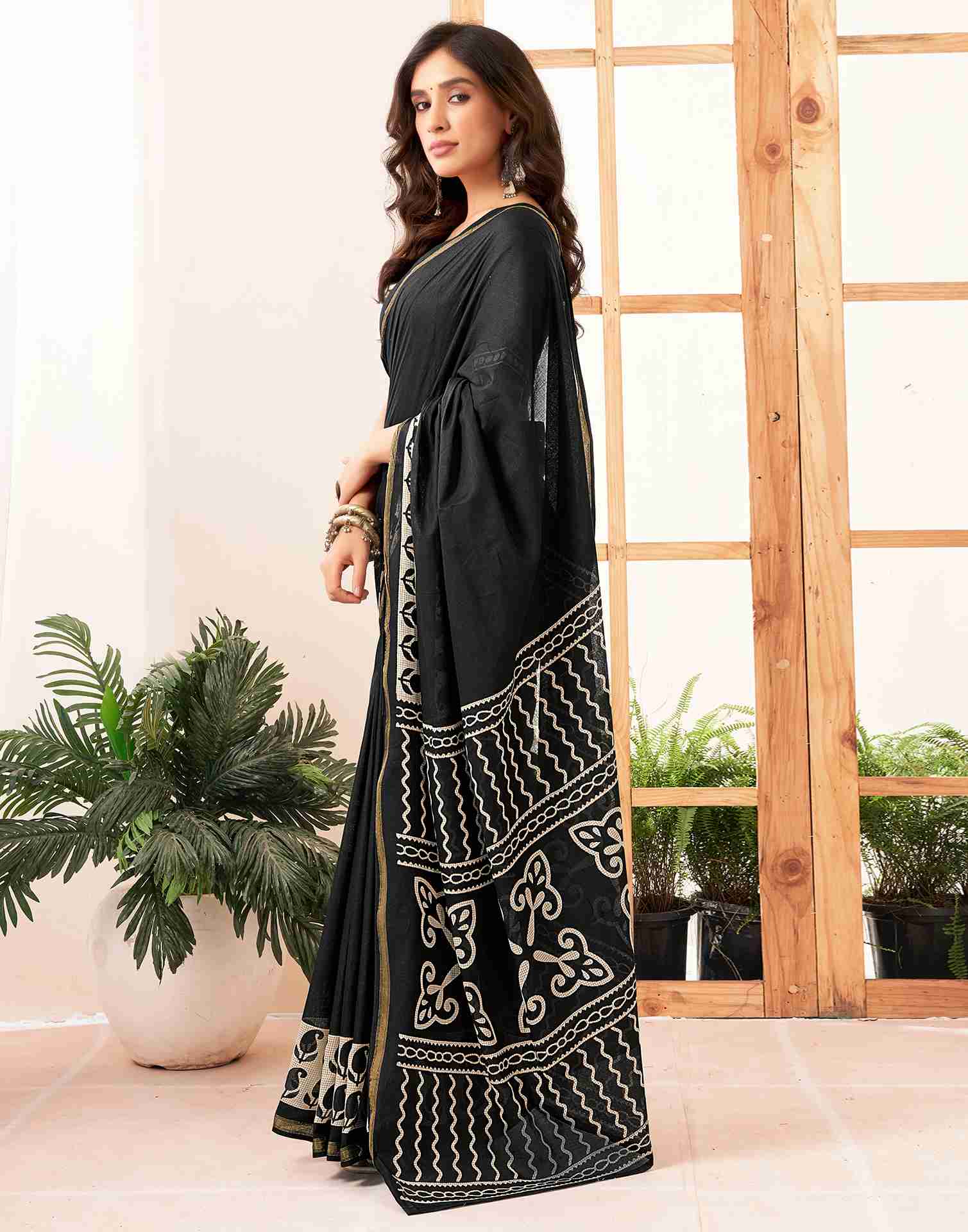 Black Cotton Printed Saree