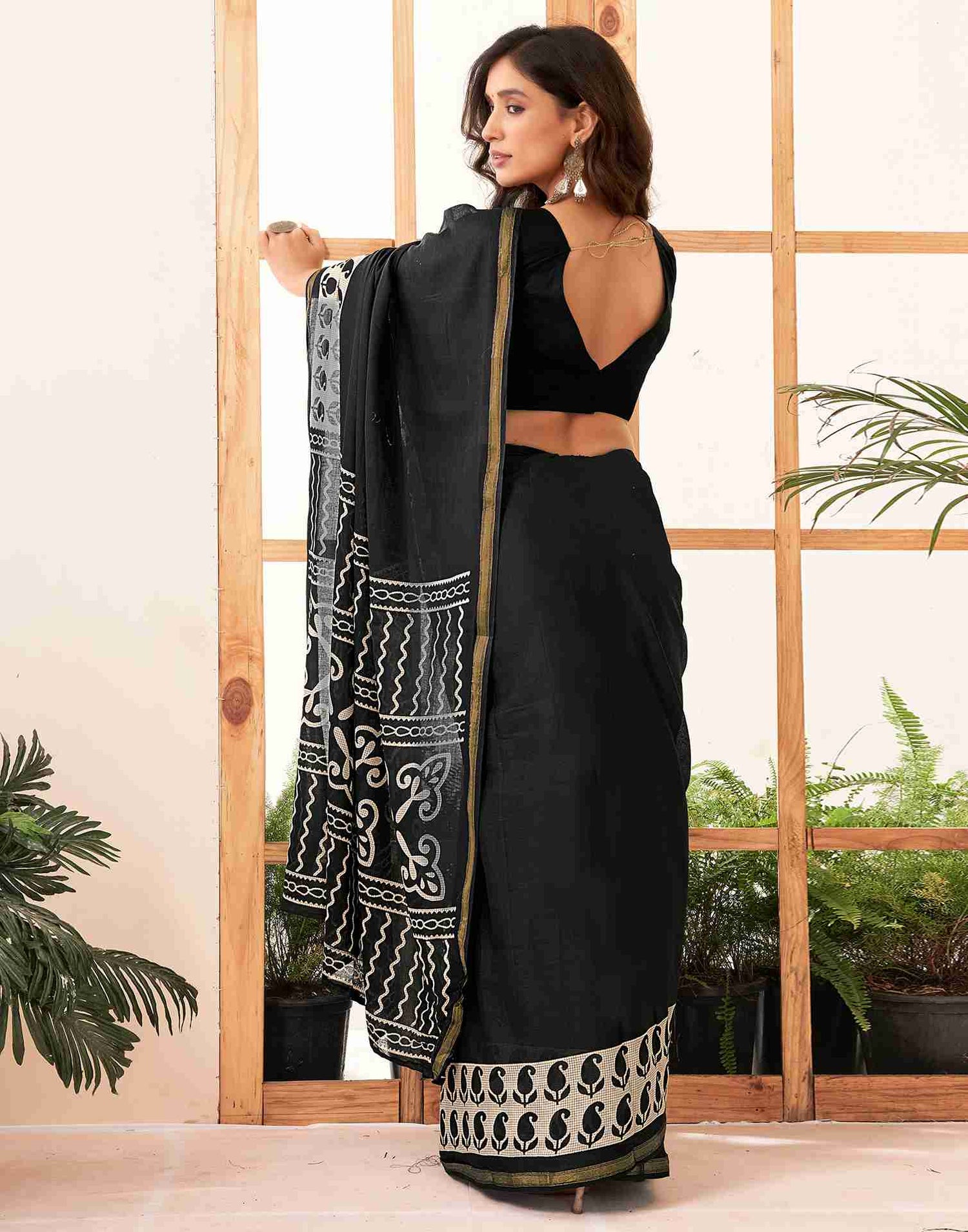 Black Cotton Printed Saree