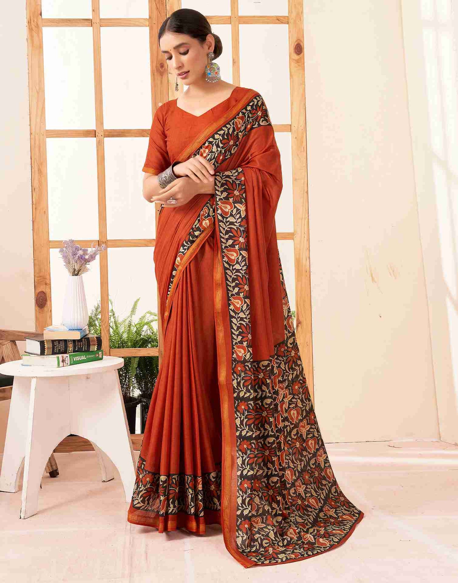 Rust Cotton Printed Saree