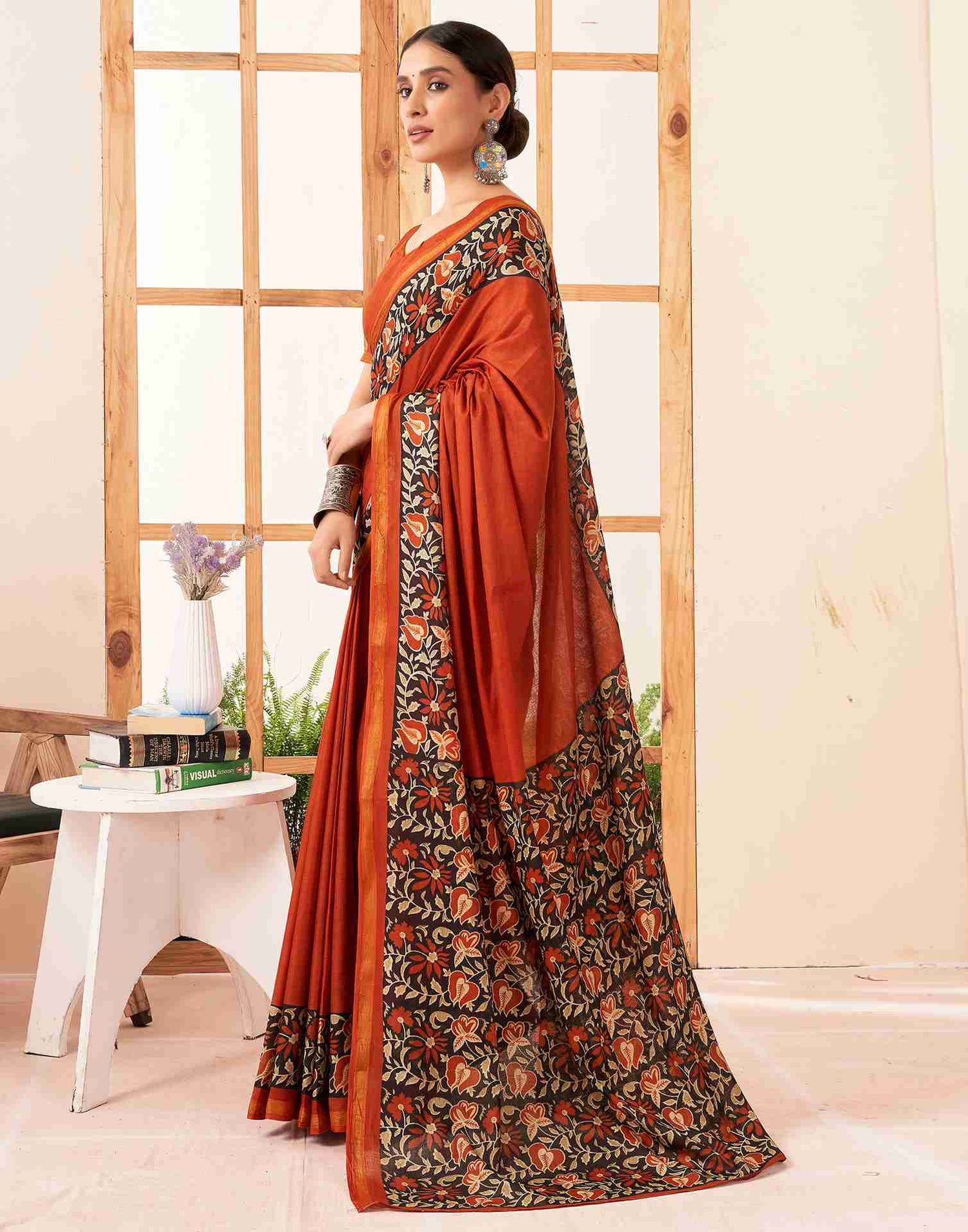 Rust Cotton Printed Saree