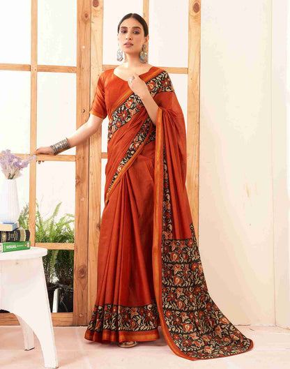 Rust Cotton Printed Saree