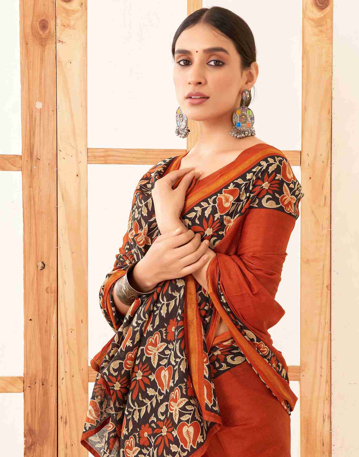 Rust Cotton Printed Saree