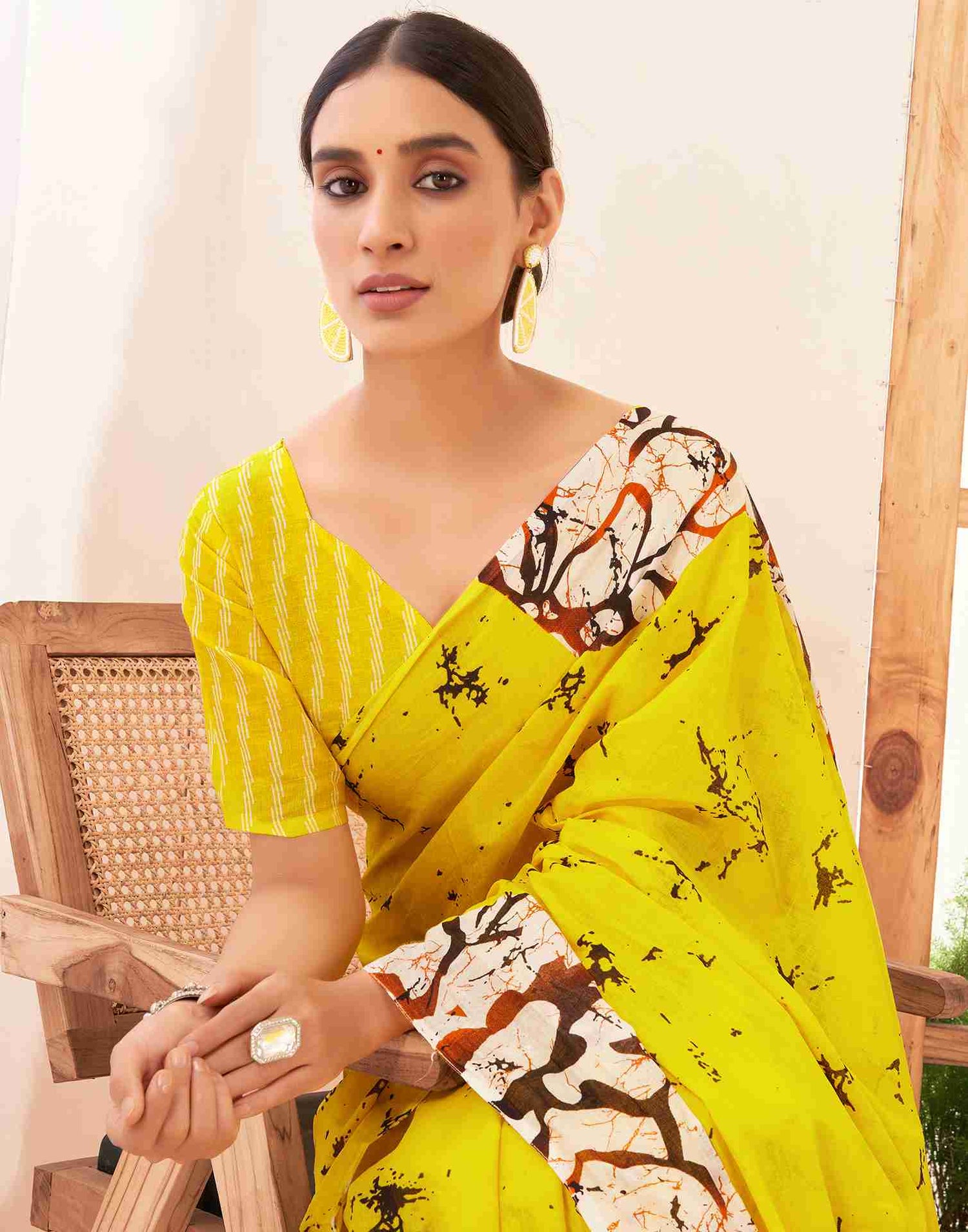 Yellow Cotton Printed Saree