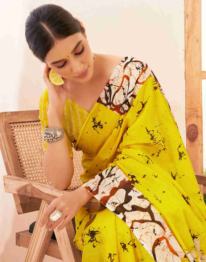 Yellow Cotton Printed Saree