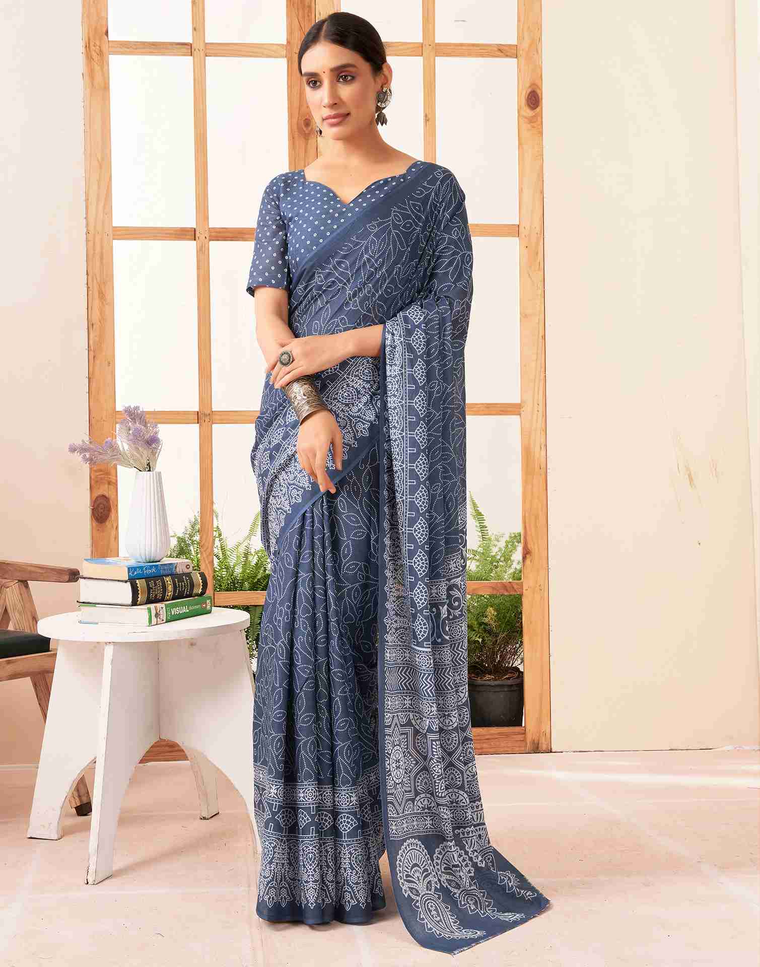 Dusty Blue Cotton Printed Saree