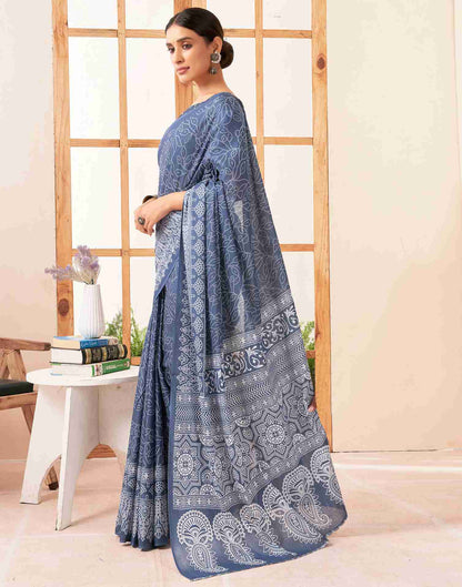 Dusty Blue Cotton Printed Saree