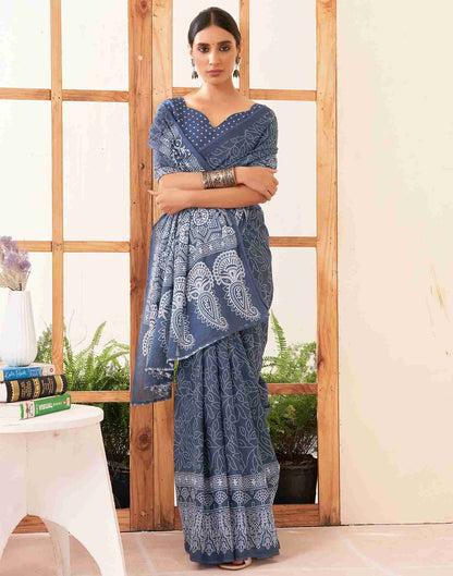 Dusty Blue Cotton Printed Saree