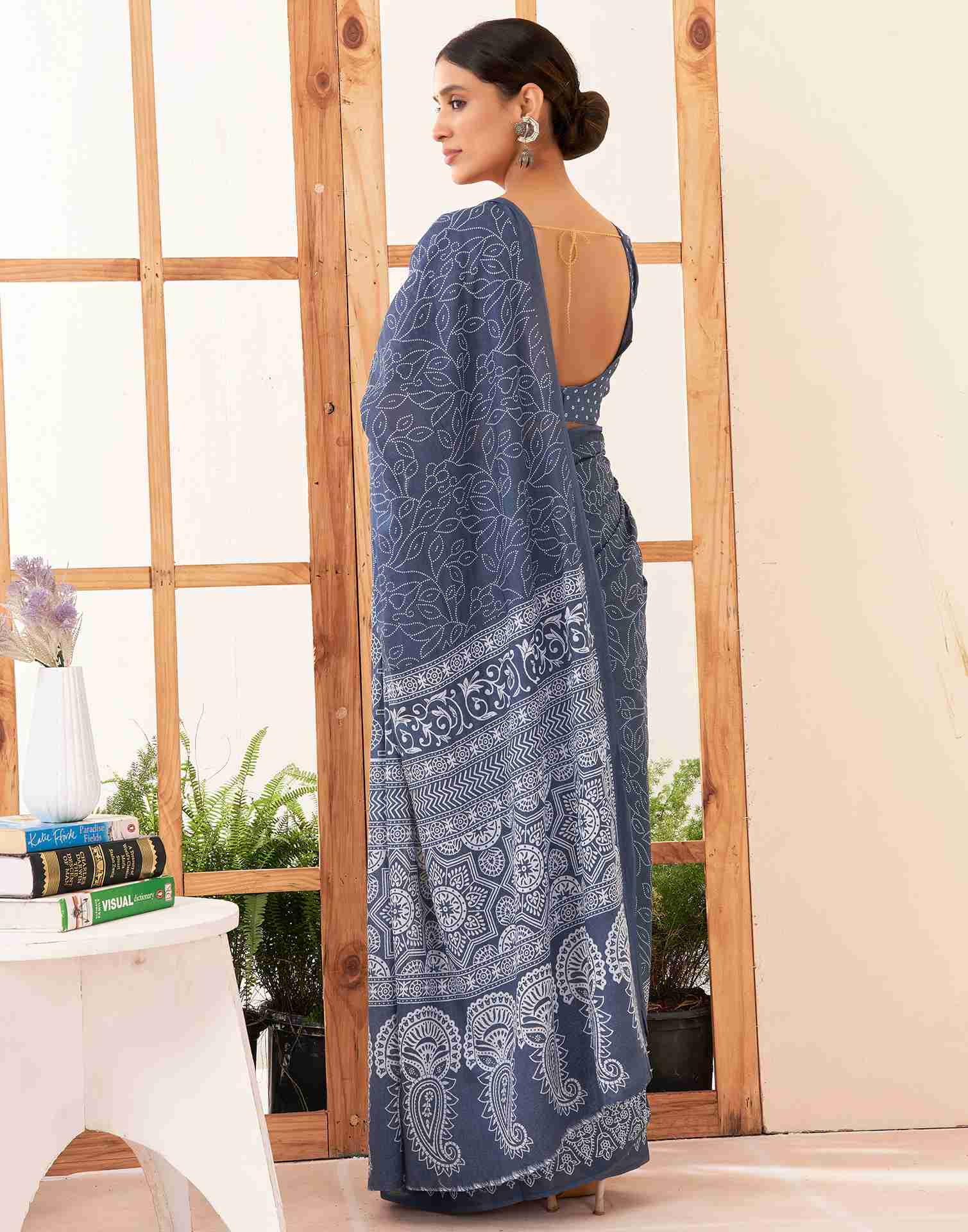 Dusty Blue Cotton Printed Saree