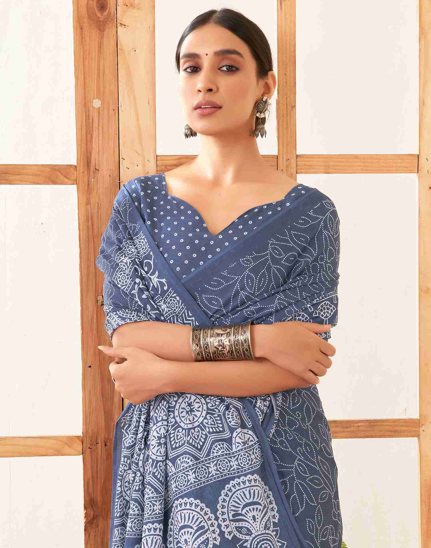 Dusty Blue Cotton Printed Saree