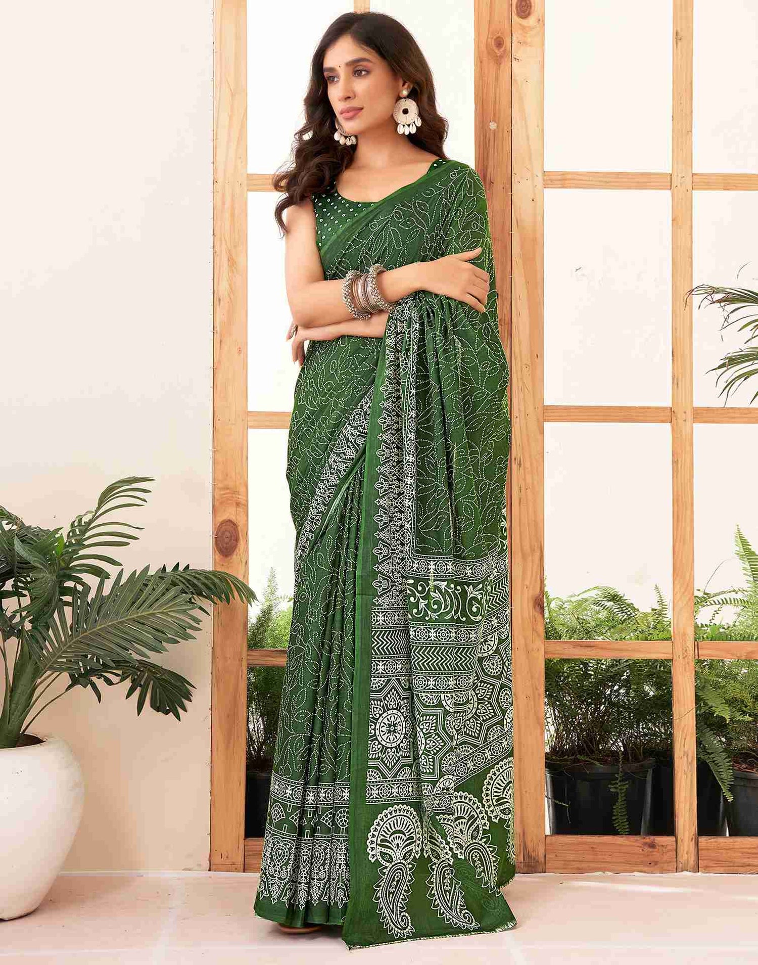 Green Cotton Printed Saree