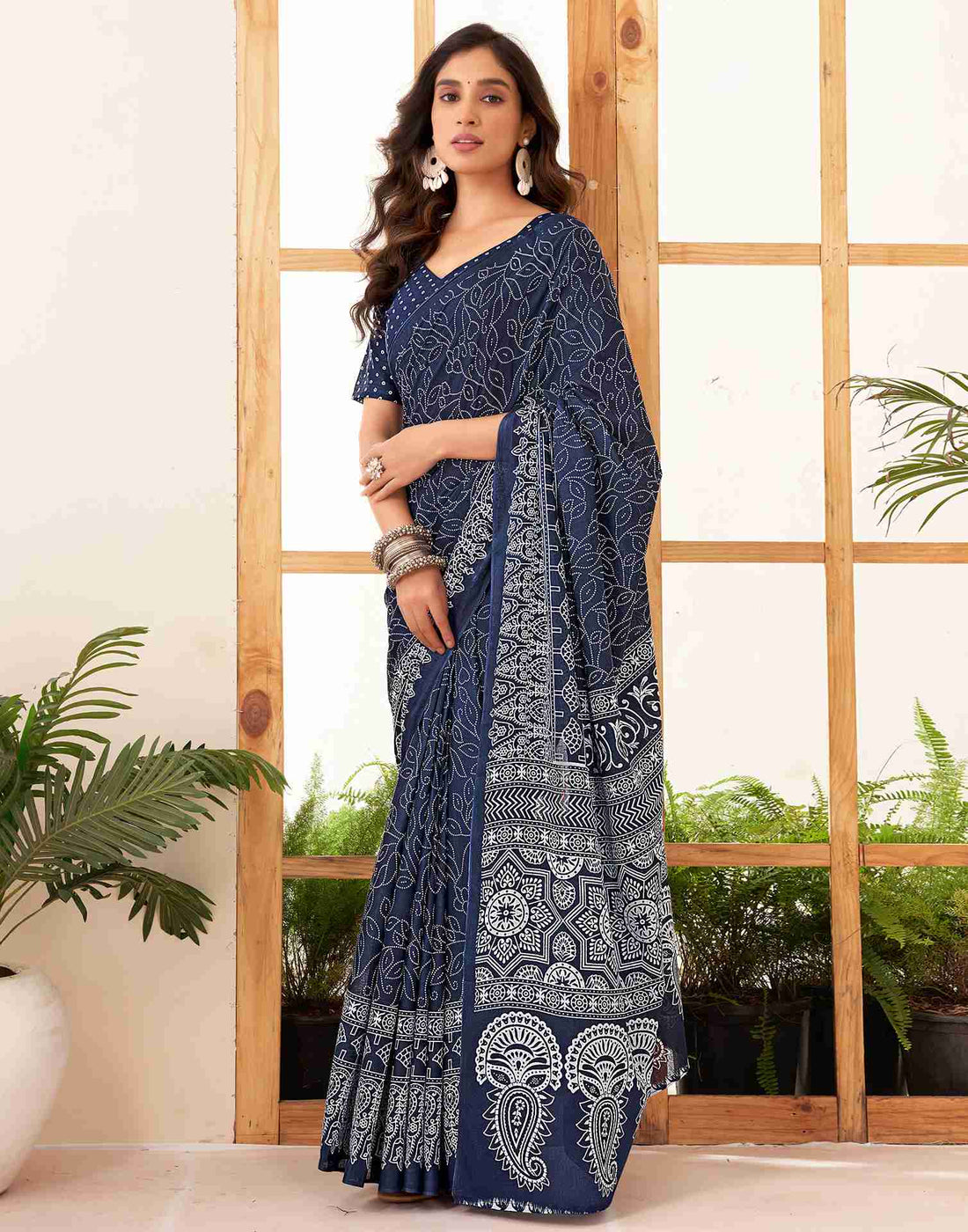 Navy Blue Cotton Printed Saree