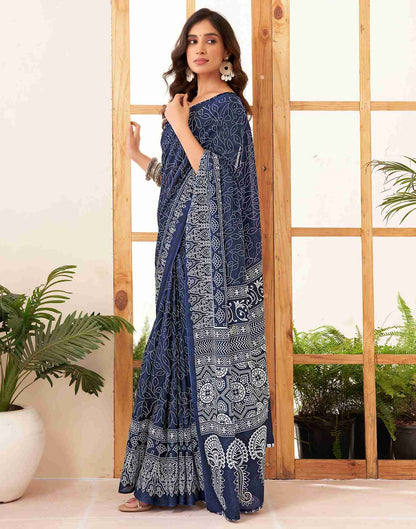 Navy Blue Cotton Printed Saree