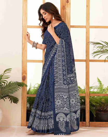 Navy Blue Cotton Printed Saree