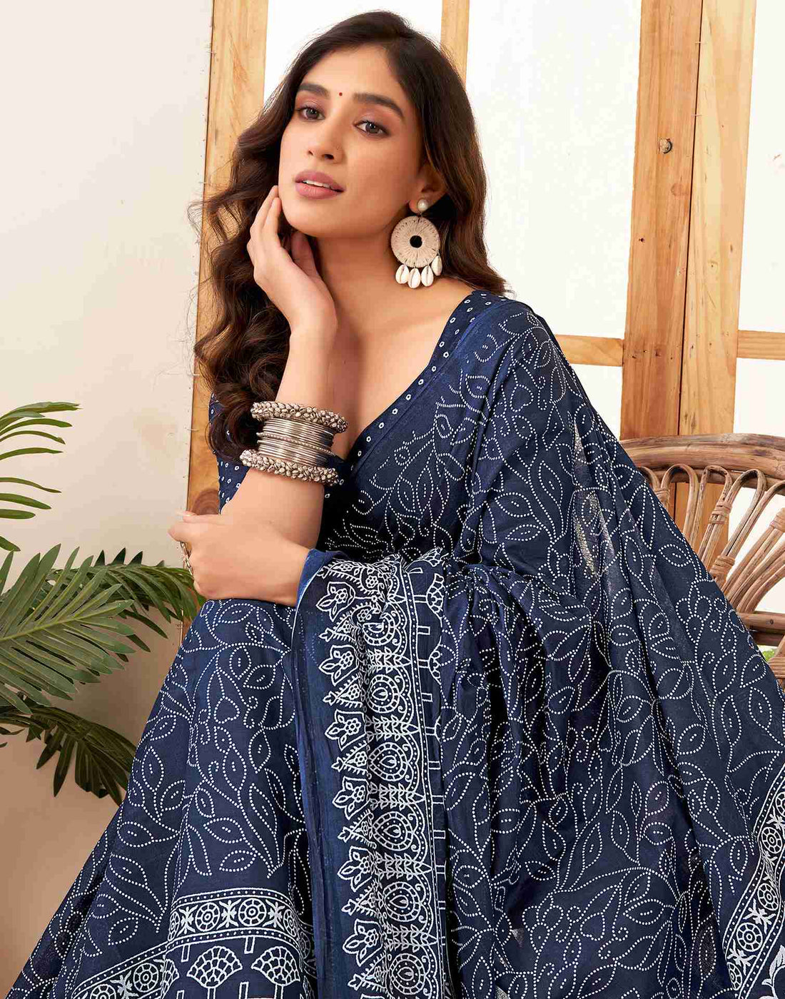 Navy Blue Cotton Printed Saree