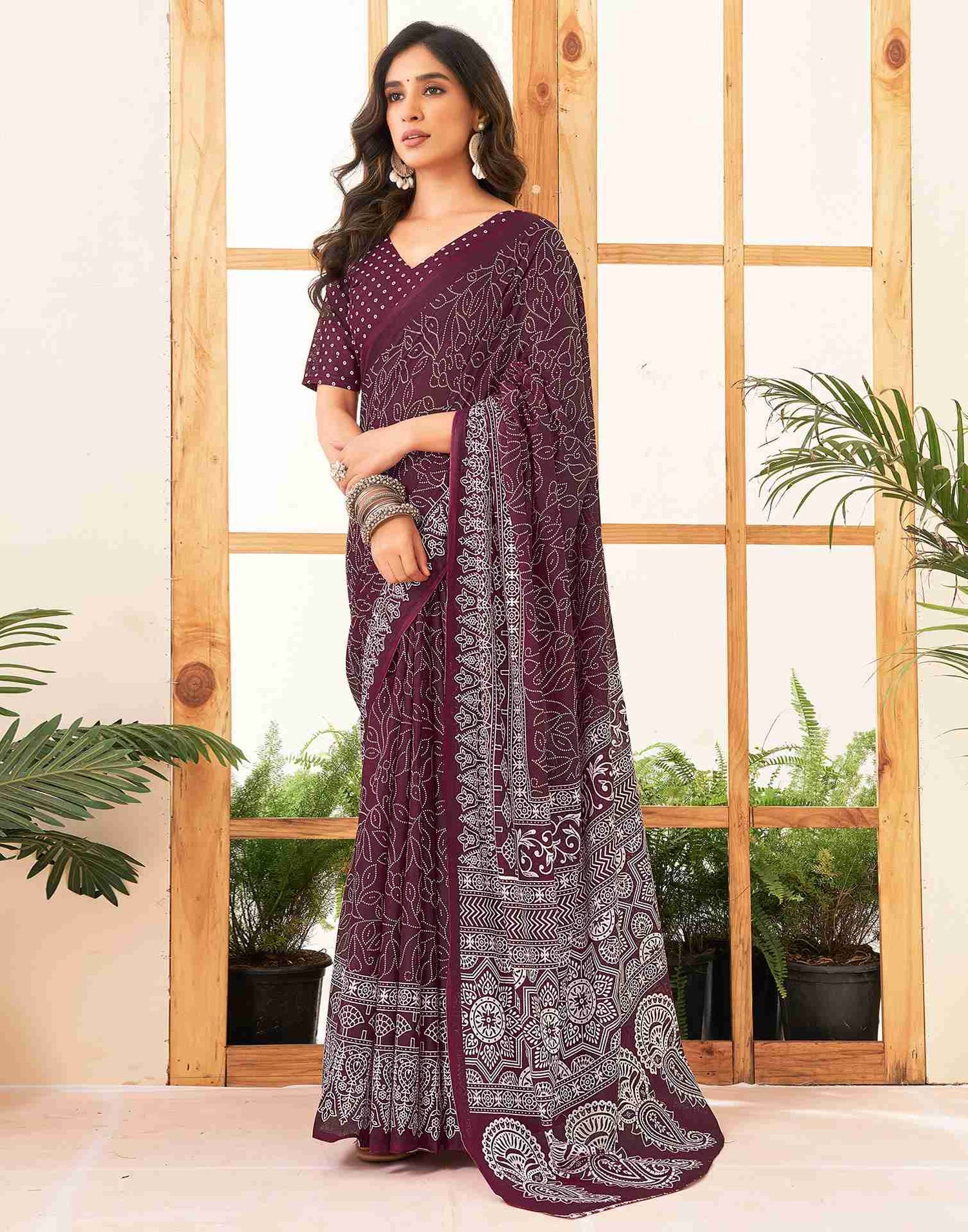 Maroon Cotton Printed Saree