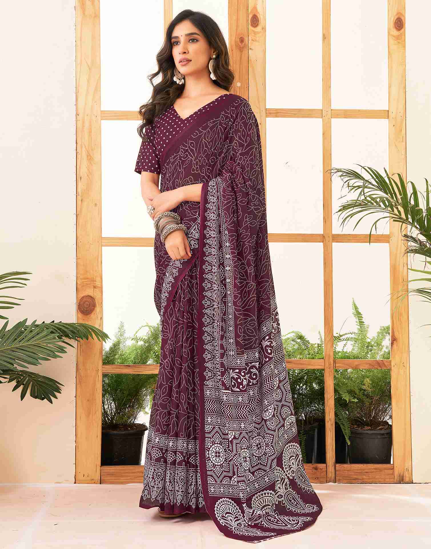 Maroon Cotton Printed Saree