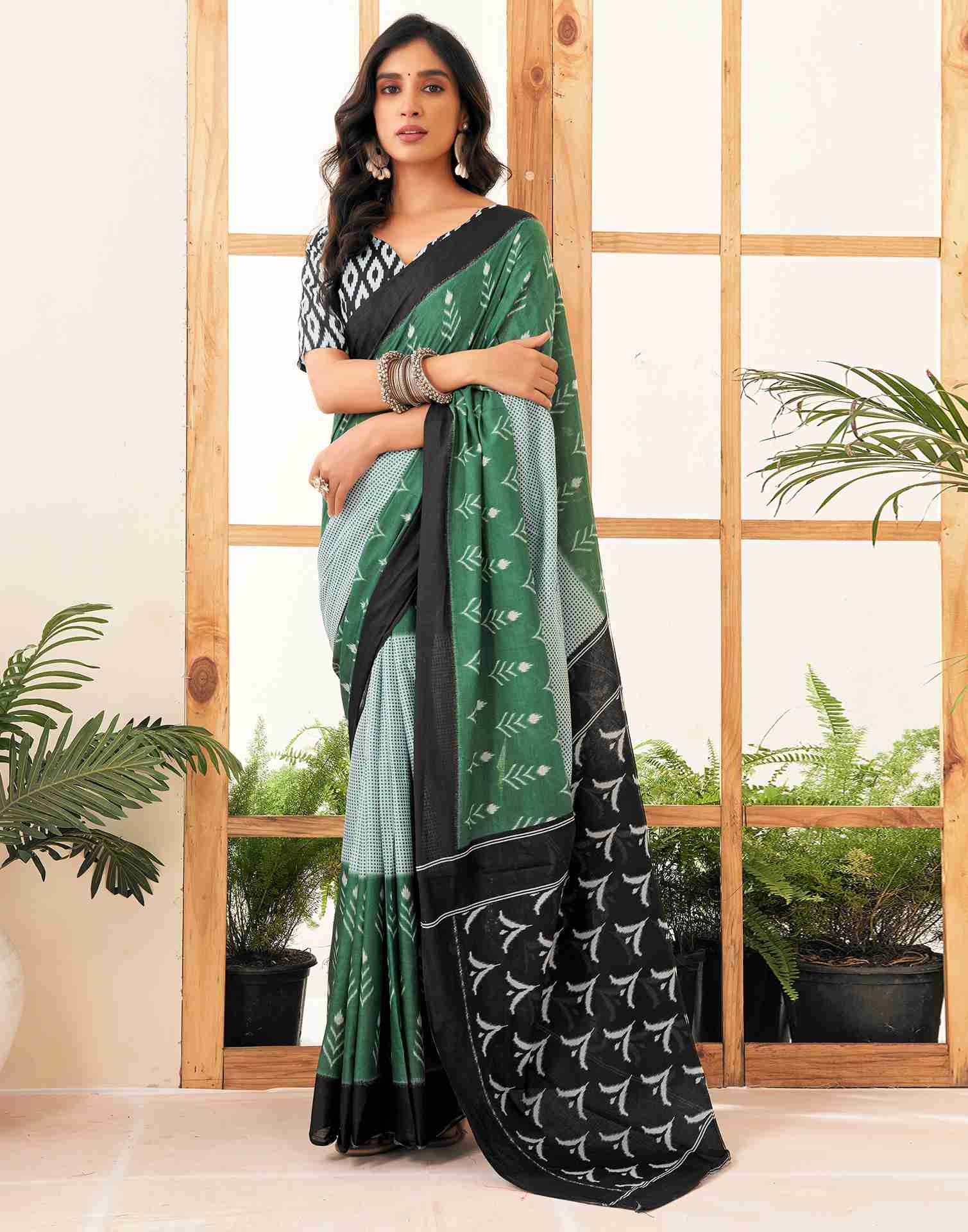 Dusty Green Cotton Printed Saree