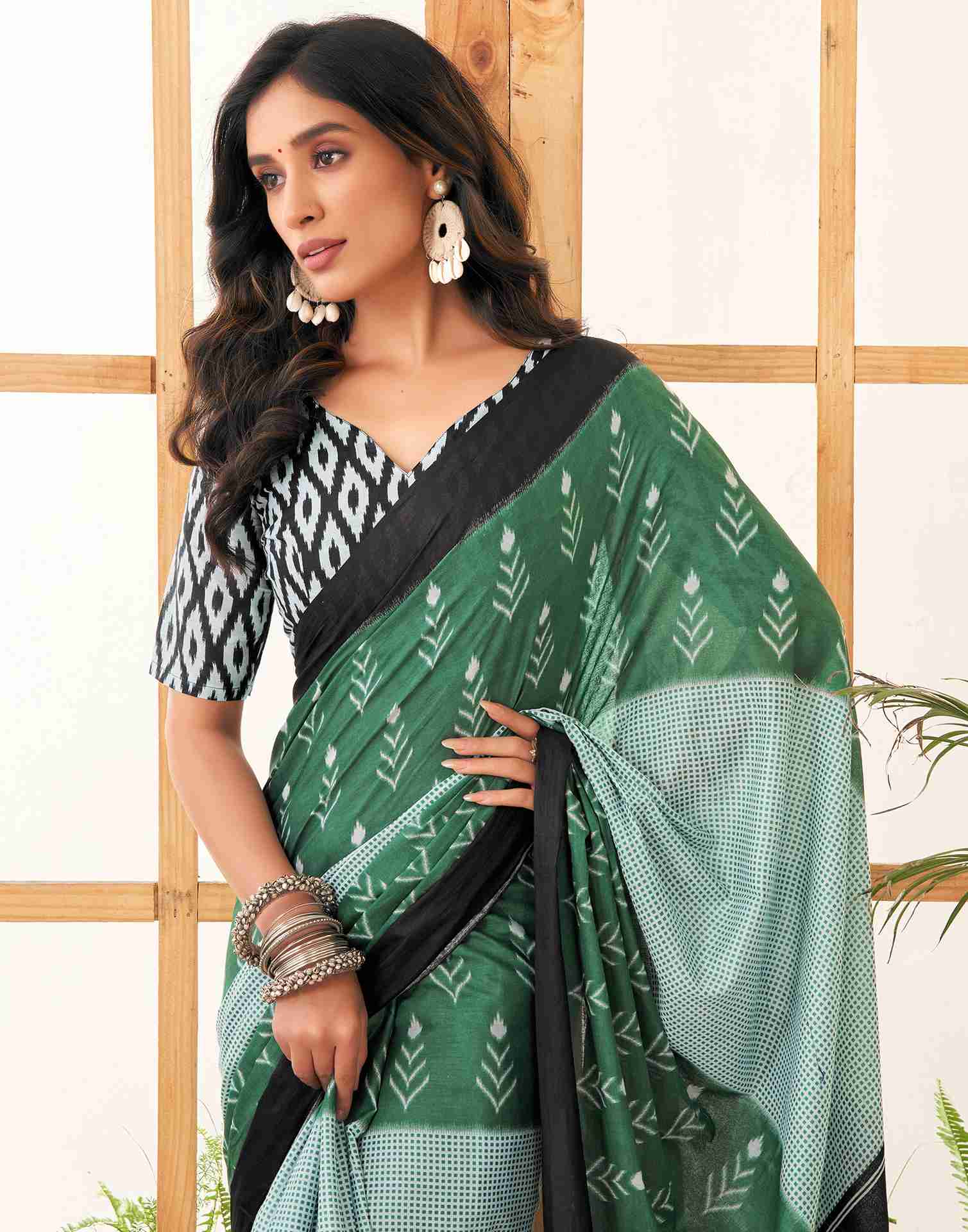 Dusty Green Cotton Printed Saree