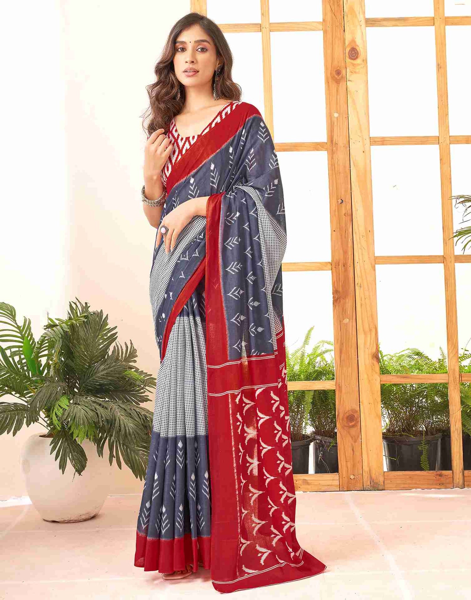 Dusty Blue Cotton Printed Saree