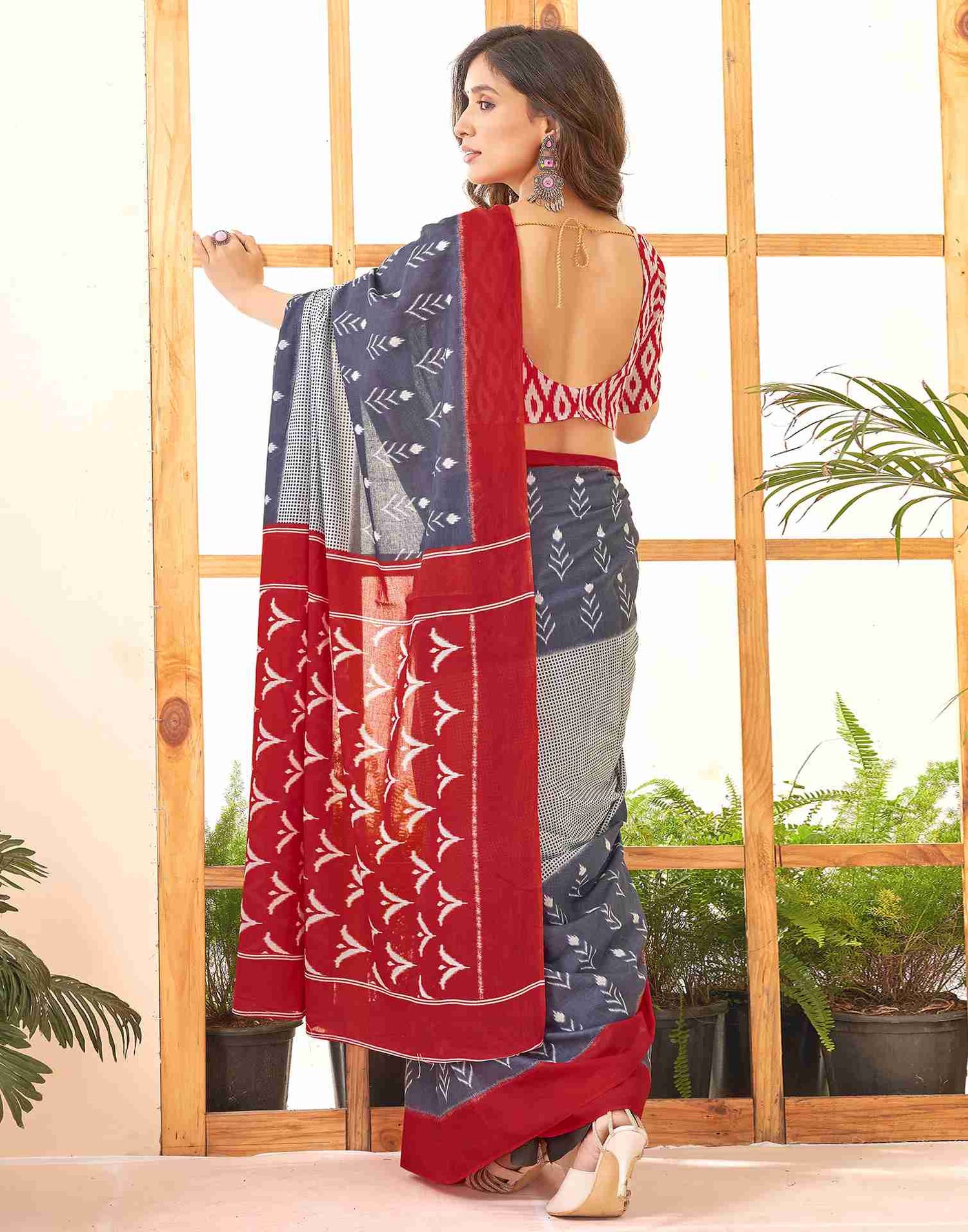 Dusty Blue Cotton Printed Saree