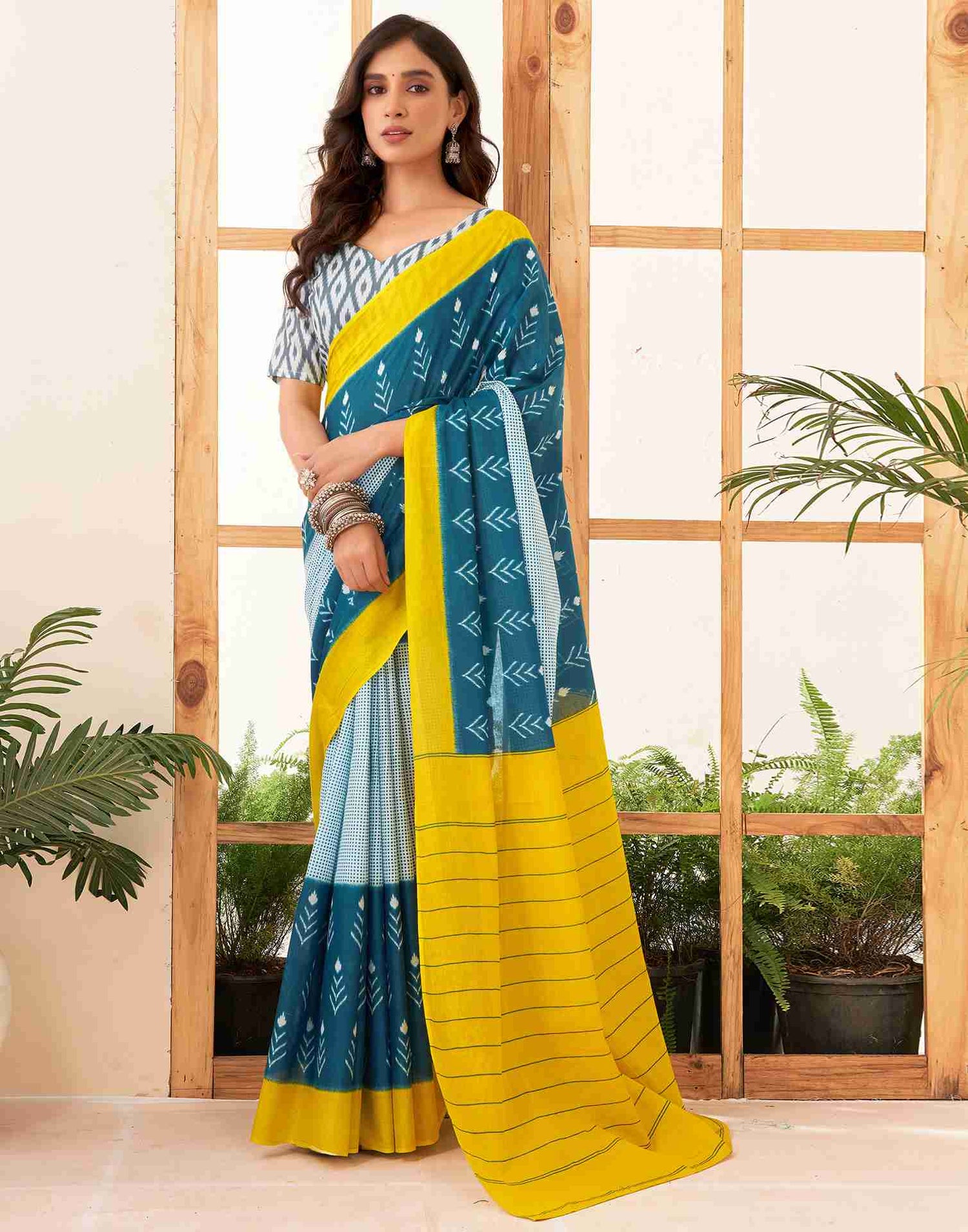 Rama Blue Cotton Printed Saree