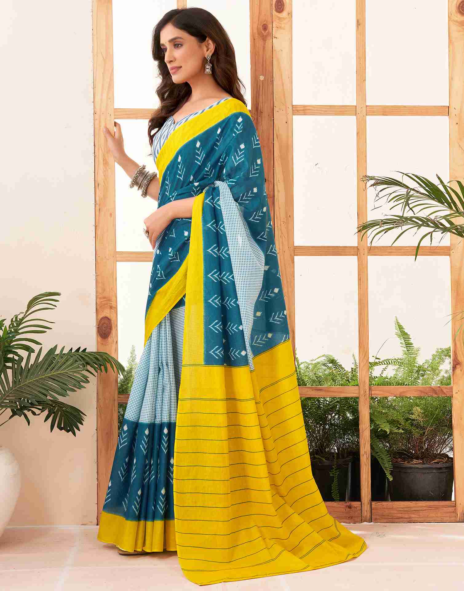 Rama Blue Cotton Printed Saree