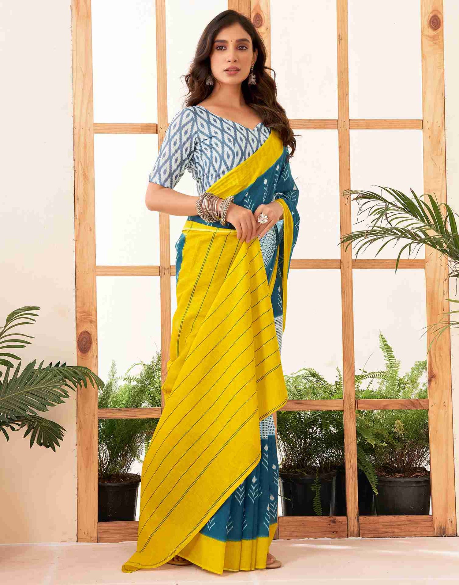 Rama Blue Cotton Printed Saree