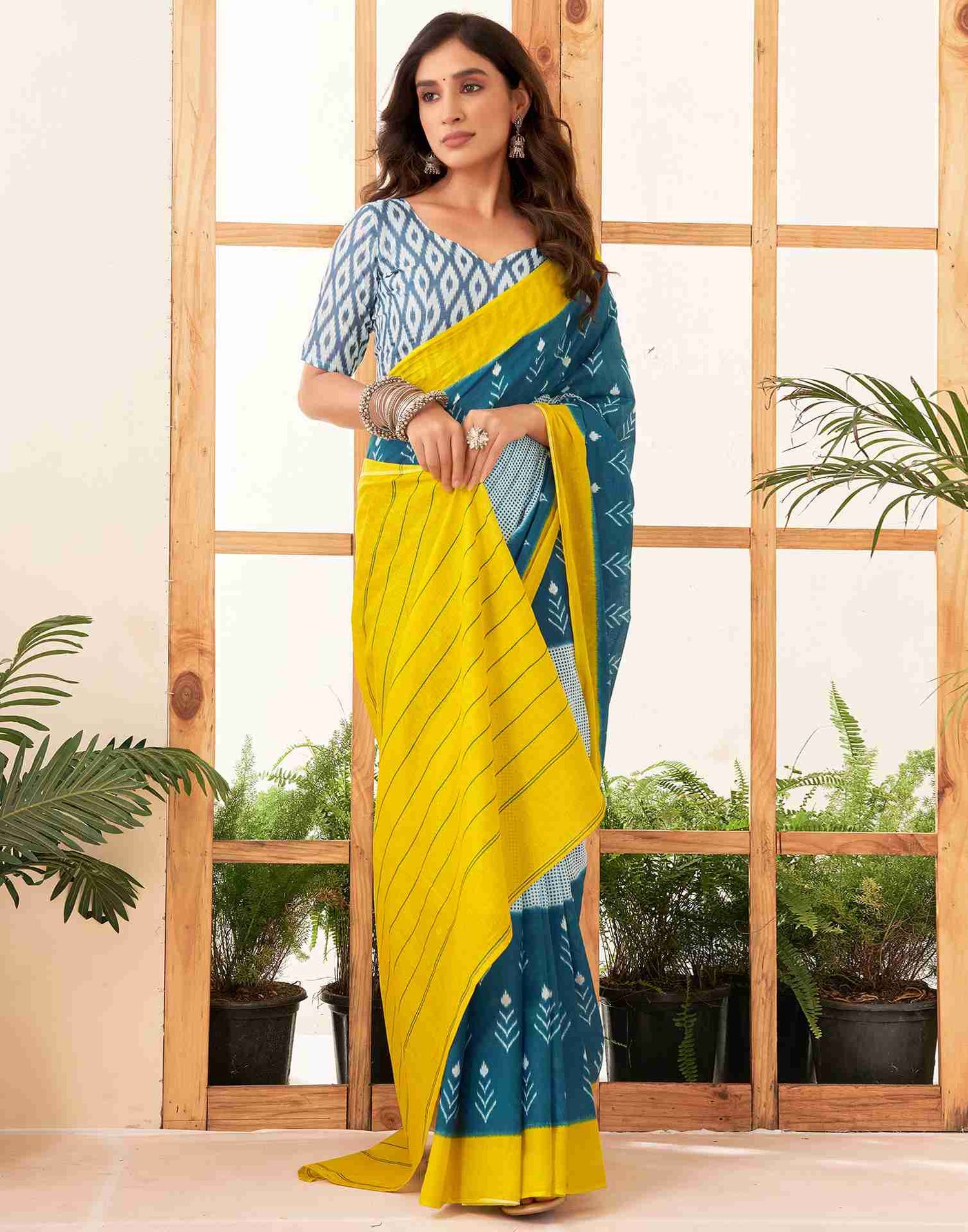 Rama Blue Cotton Printed Saree