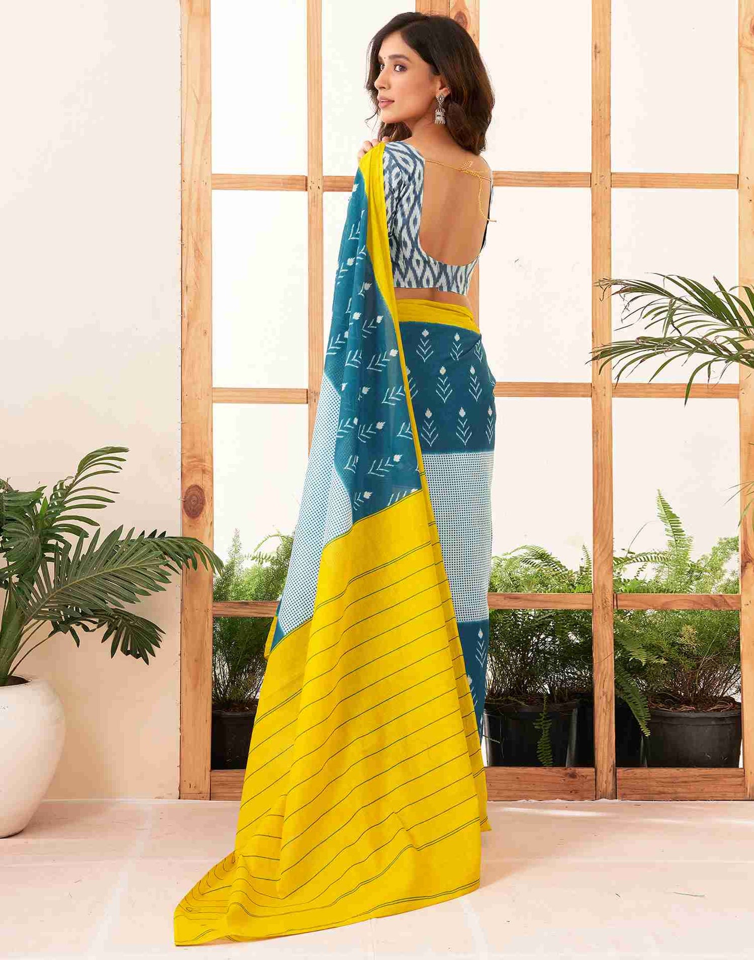 Rama Blue Cotton Printed Saree