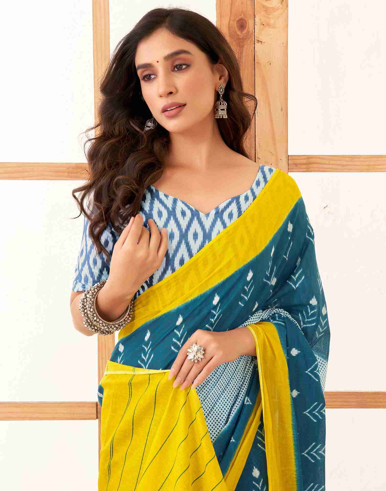 Rama Blue Cotton Printed Saree