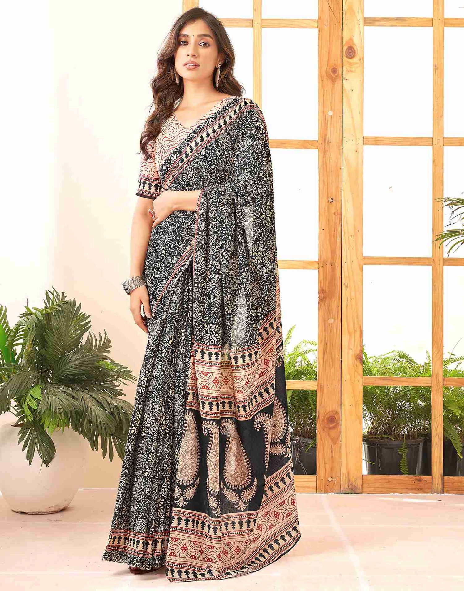 Black Cotton Printed Saree