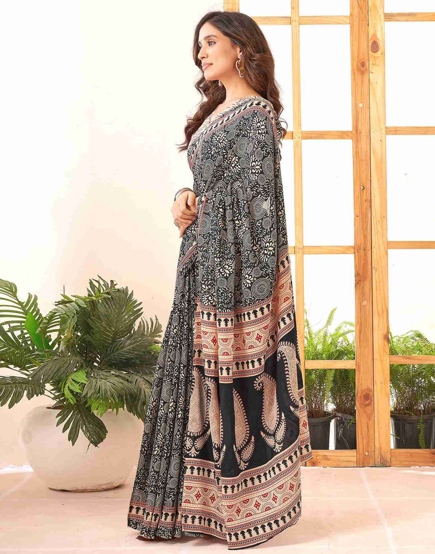 Black Cotton Printed Saree