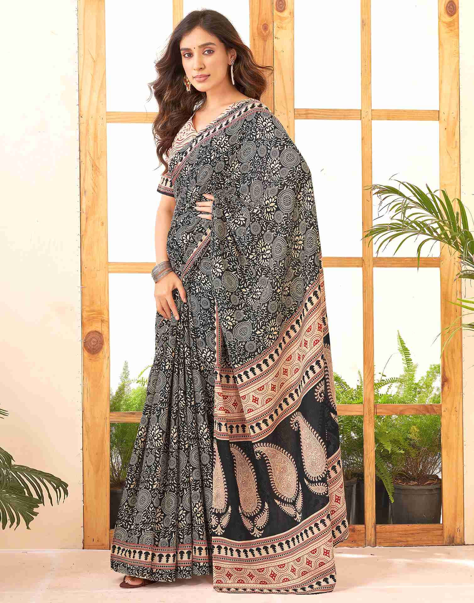 Black Cotton Printed Saree