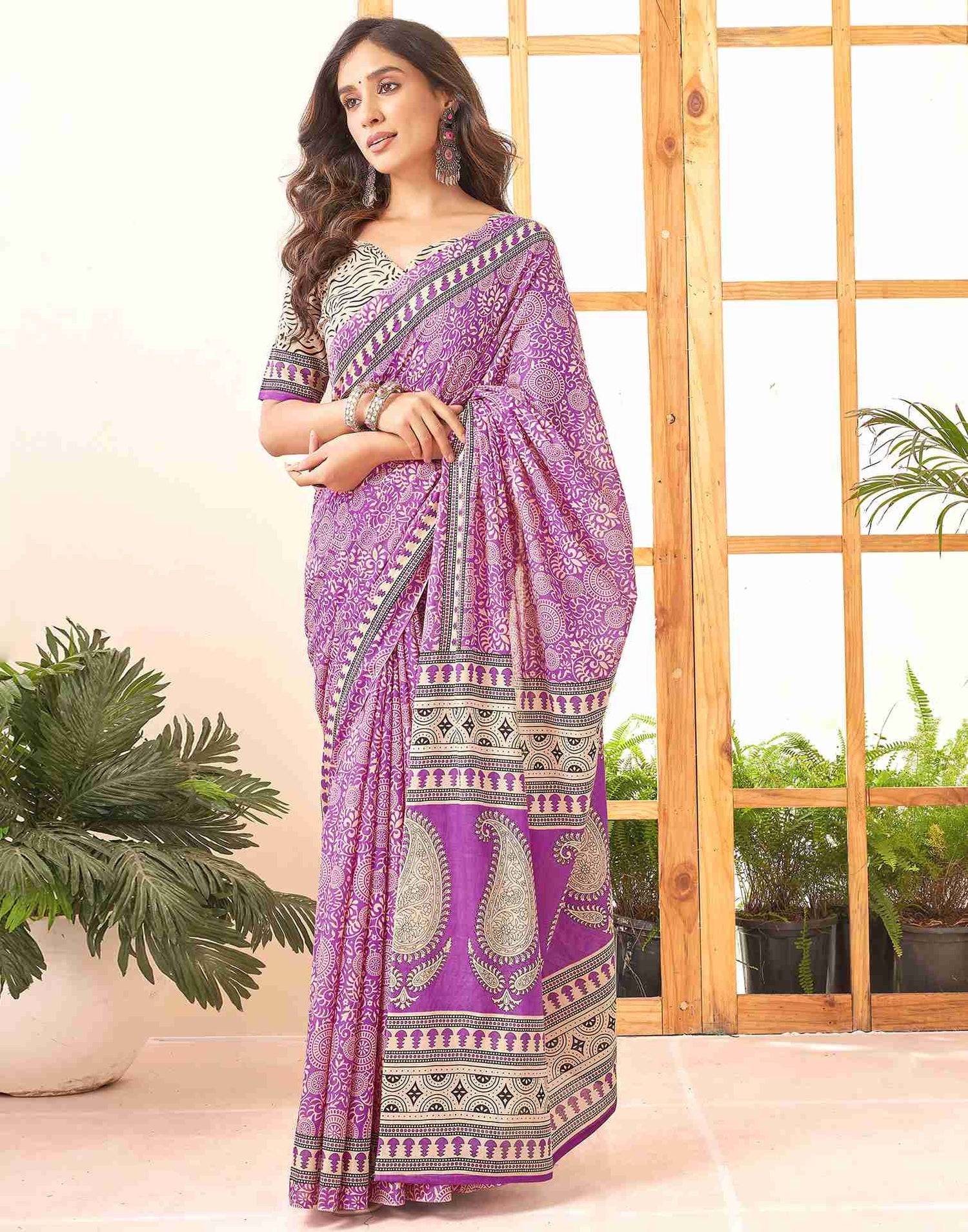 Purple Cotton Printed Saree