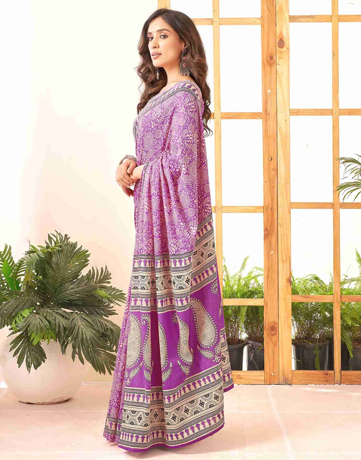 Purple Cotton Printed Saree