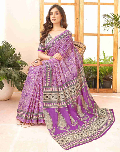 Purple Cotton Printed Saree