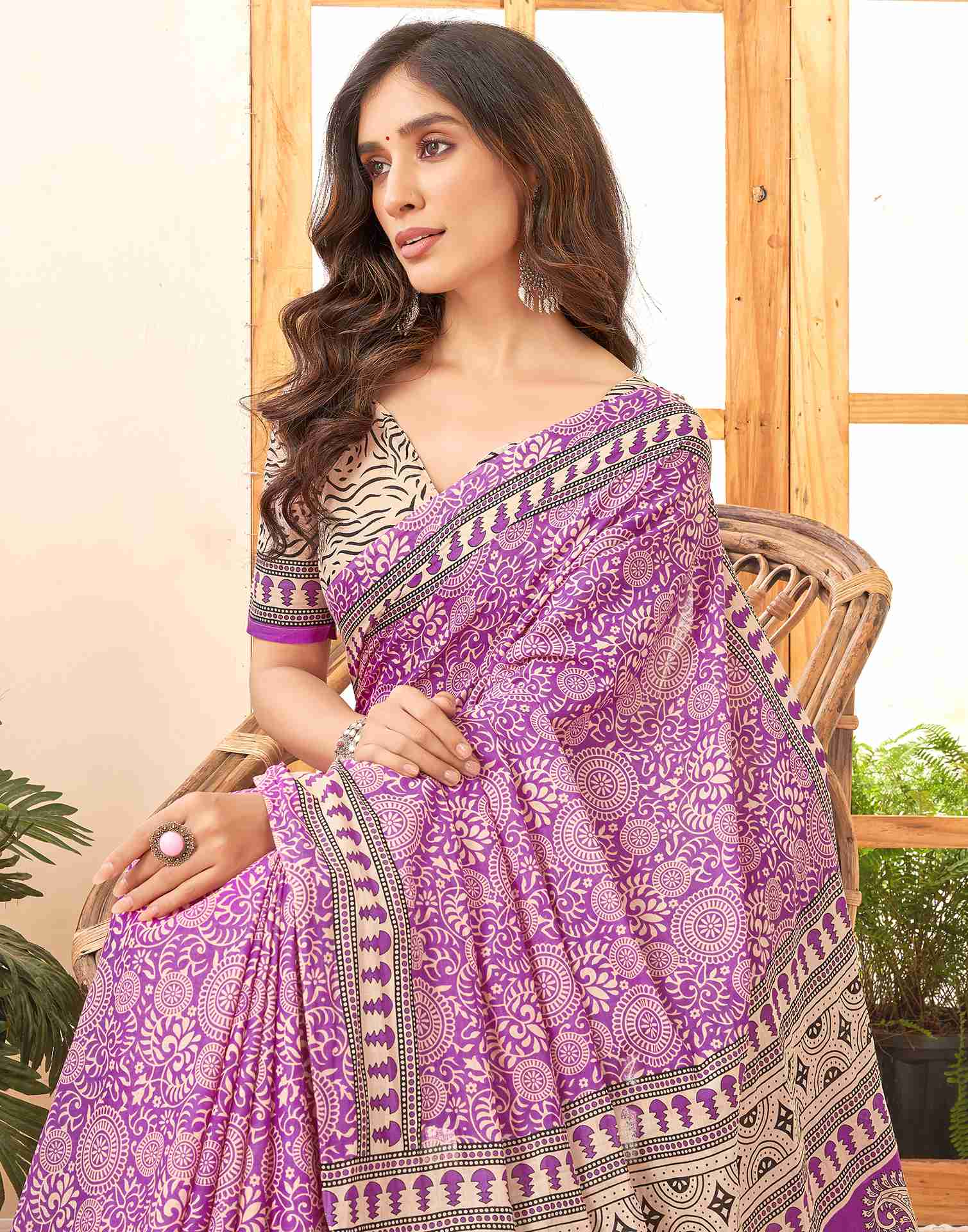 Purple Cotton Printed Saree