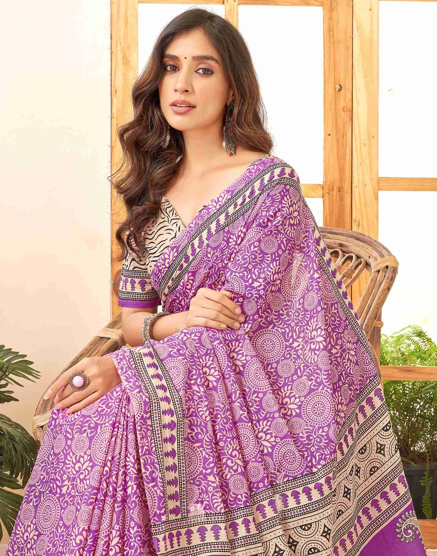 Purple Cotton Printed Saree