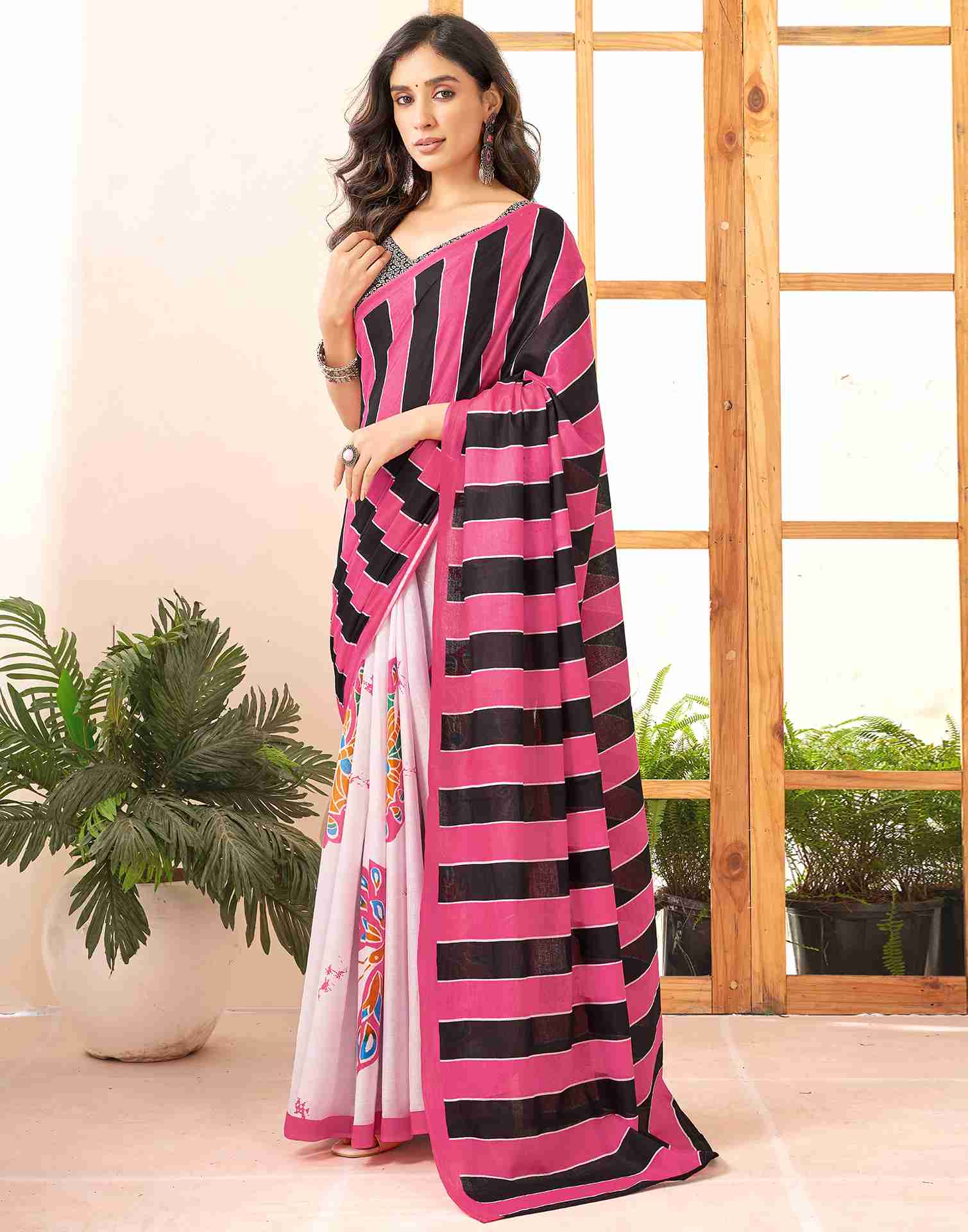 Pink Cotton Printed Saree