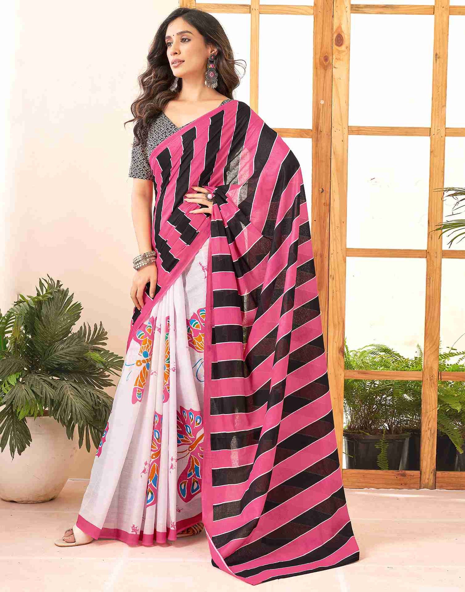 Pink Cotton Printed Saree