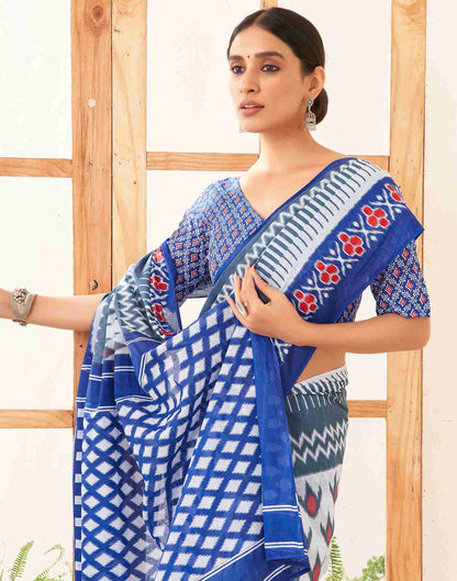 White Cotton Printed Saree