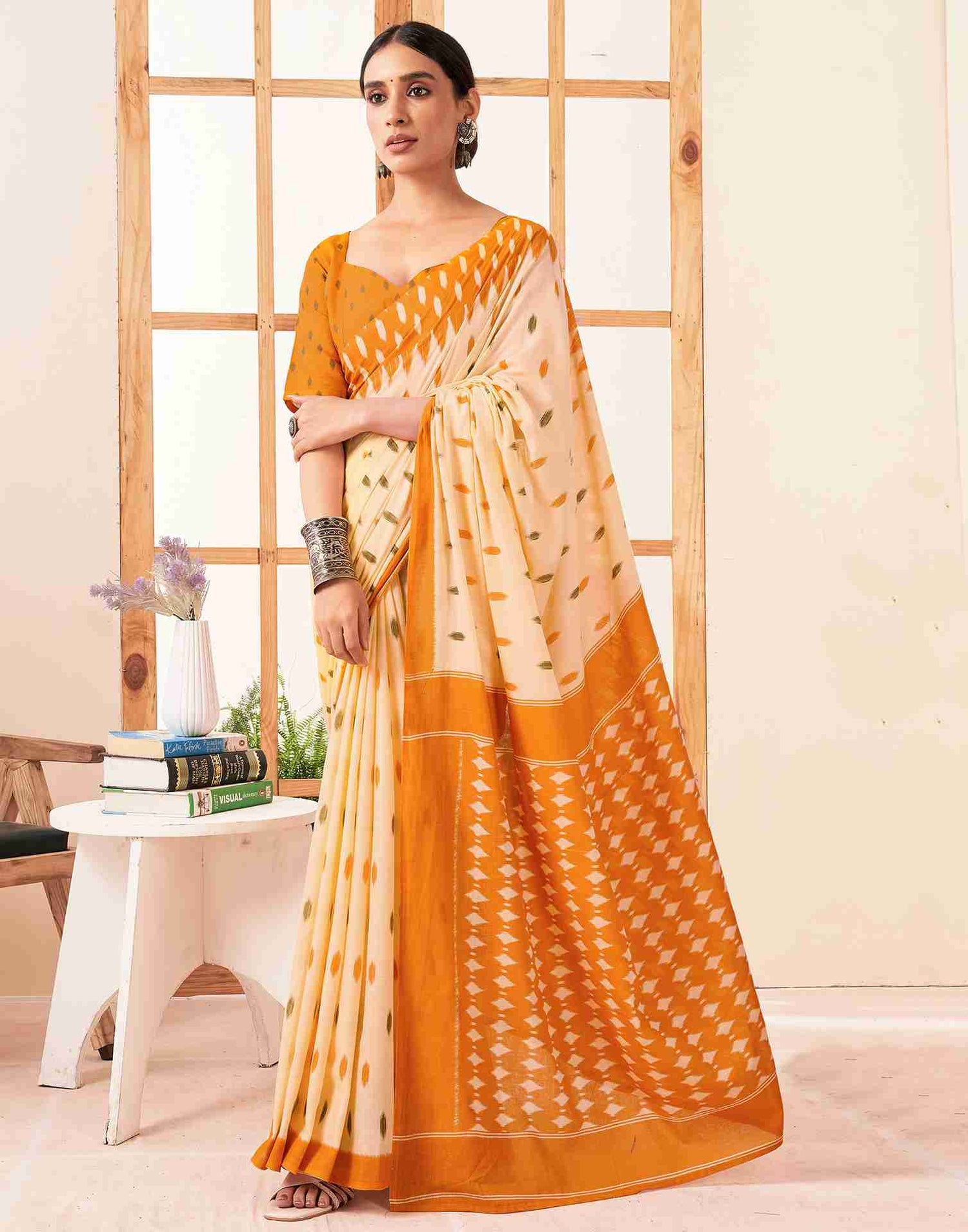 Cream Cotton Printed Saree