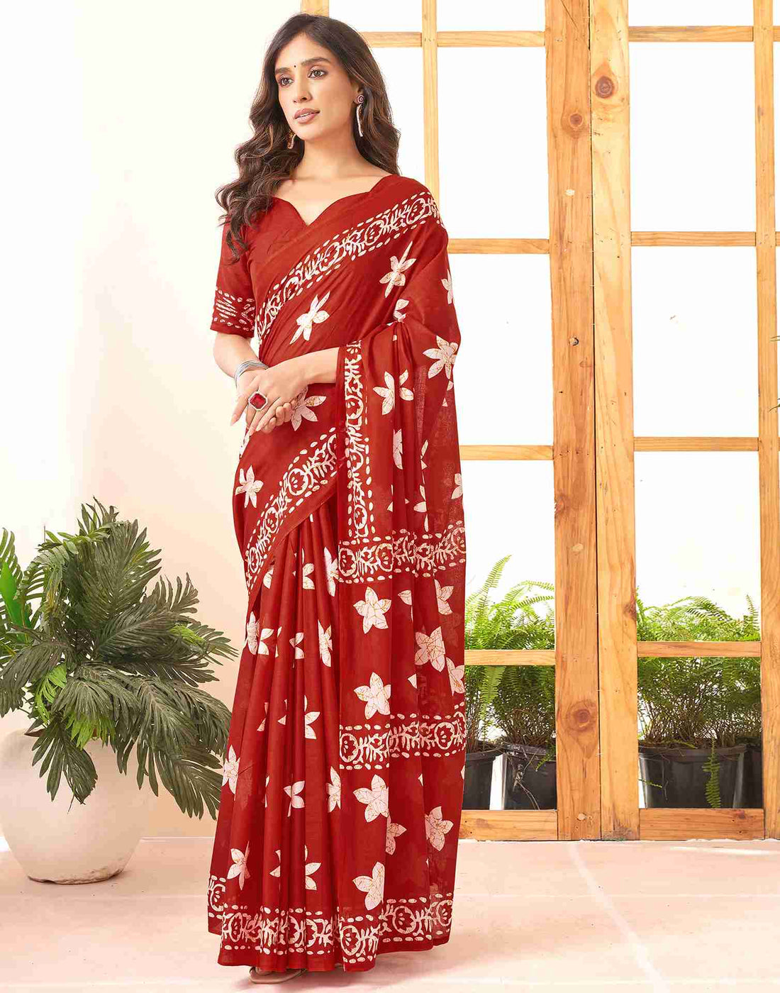 Dark Red Cotton Printed Saree