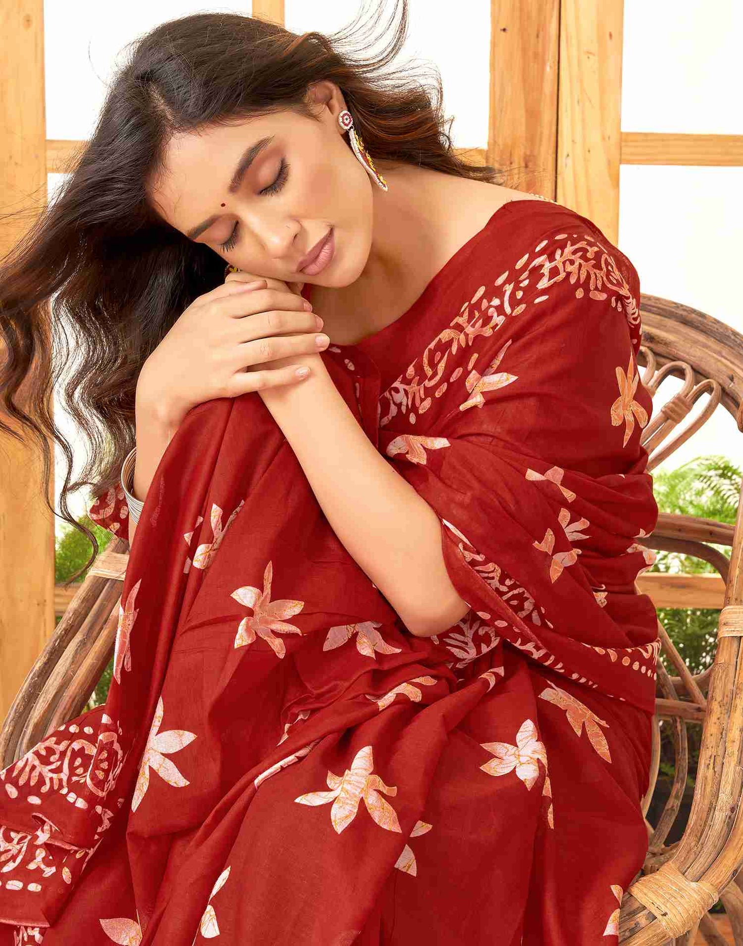 Dark Red Cotton Printed Saree